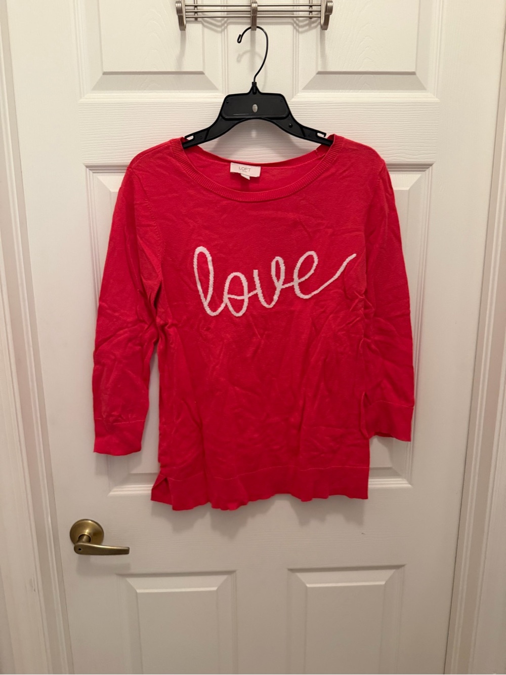 LOFT Pink-Red 'love' Crewneck Sweater